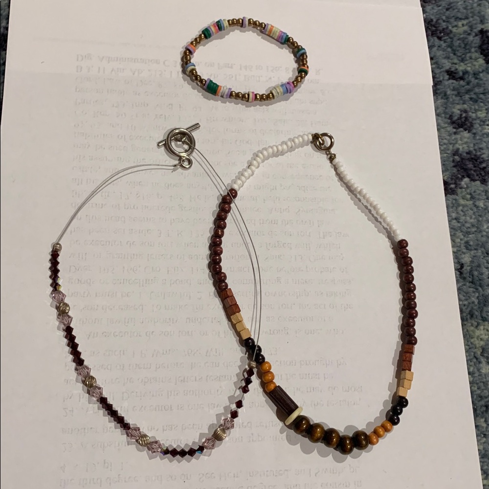 Set of 3: wood & glass crystal beaded necklaces 14” & 6” stretchy bracelet